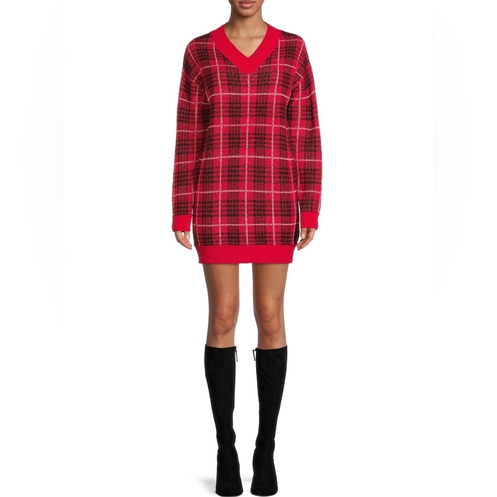 No Boundaries Red Plaid Sweater Dress
